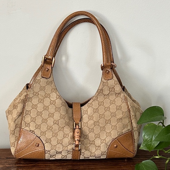 Gucci Handbags - Vintage Gucci Beige and Brown Monogram GG Jackie Shoulder Bag 1244072123